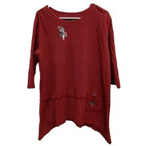 Focus Casual Life Lagenlook Tunic Top Womens Medium Red Ribbed Sharkbite Artsy